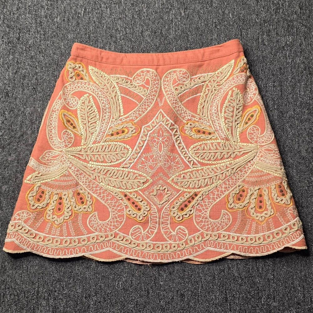 Maeve Anthropologie Clotilde Mini Skirt Women’s 4 Peach Embroidered Cotton Boho